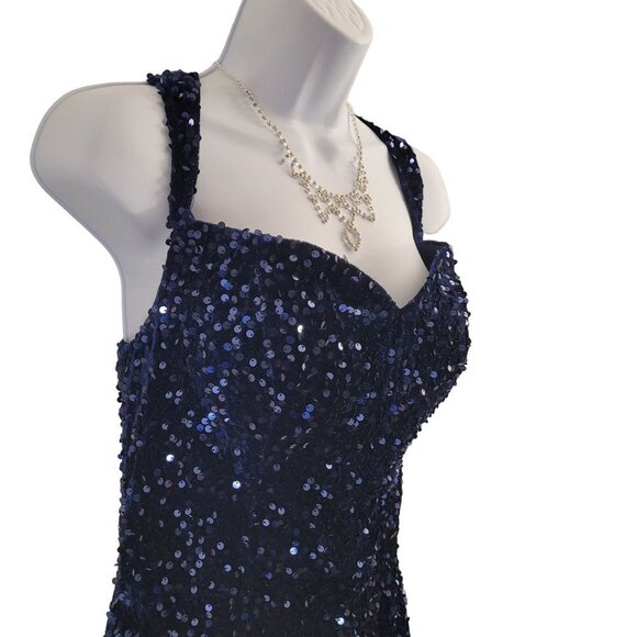 NWT Dark Navy Blue Sequin Evening Classic Sleeveless Corset Back Thigh Slit - Picture 2 of 15